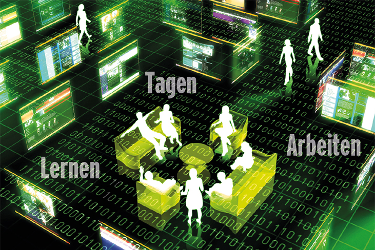 Mehrere weiße Silhouetten sitzen und stehen in einem digitalen Raum mit grünen Binärcodes, umgeben von Bildschirmen und den Wörtern 'Lernen', 'Tagen' und 'Arbeiten'.