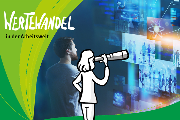 Ein bärtiger junger Mann sieht aus der Entfernung auf mehrere Bildschirme. Neben ihm eine gezeichnete langhaarige Frau mit Fernrohr, die in die gleiche Richtung schaut. Text im Bild: Wertewandel in der Arbeitswelt.