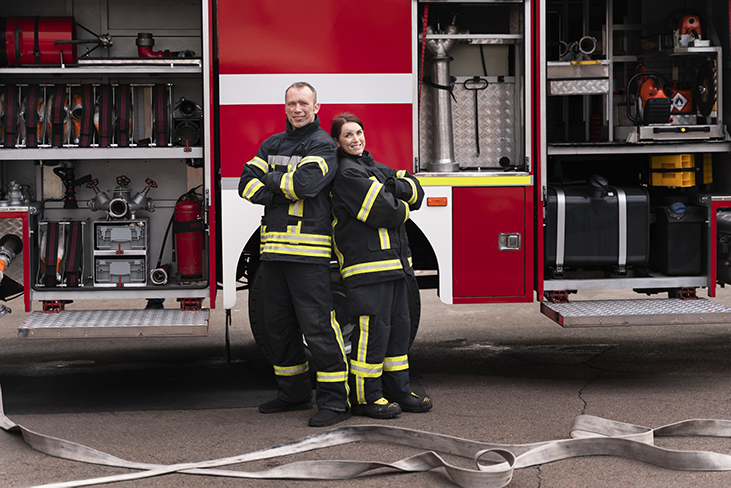 Two firefighters in protective gear stand with arms crossed in front of an open red fire truck showing equipment and hoses laid out on the ground.