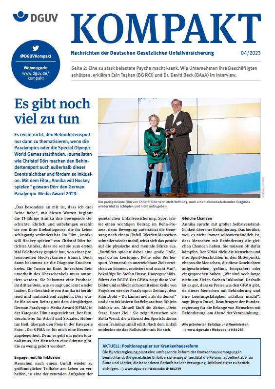 Titelbild DGUV Kompakt 4/2023 mit der Titelstory: Es gibt noch viel zu tun