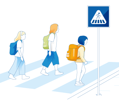 Die Illustration zeigt Kinder, die eine Straße überqueren.  Die Illustration zeigt Kinder, die eine Straße überqueren.